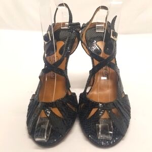 Oh...Deer! Duomo Womans Size 5.5M Black Snake Print Leather Sandal Stacked Heel